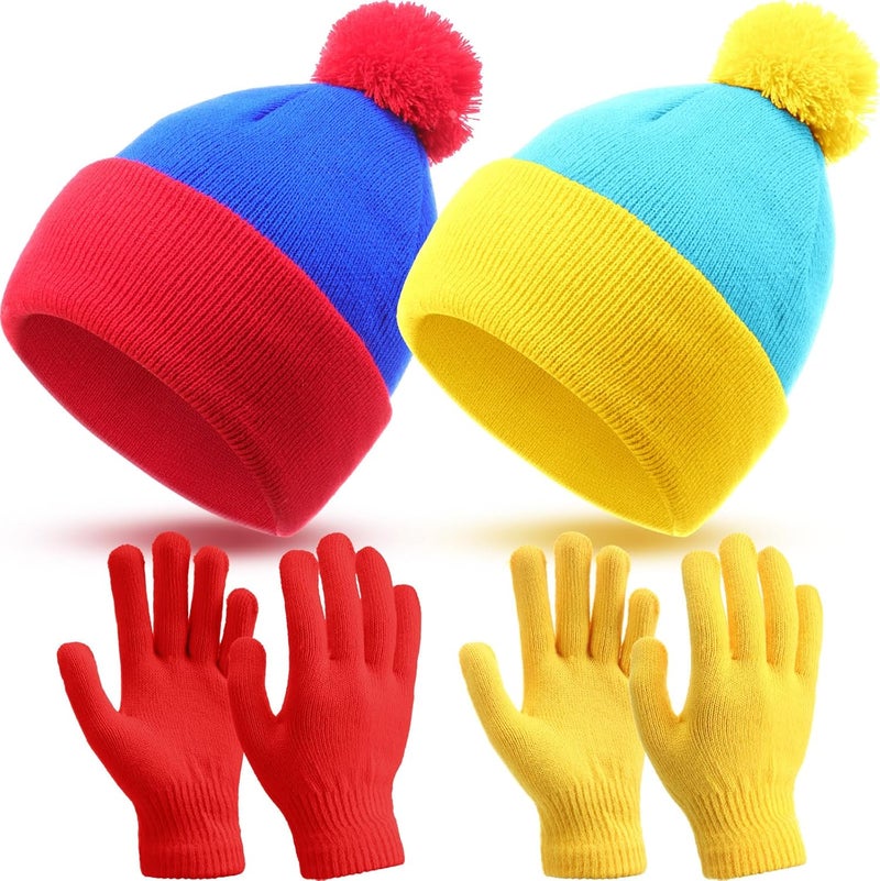 Shinymoon 2 Sets Halloween Knit Pom Beanie Hat and Gloves Set Winter Character Cosplay Headwear Knitted Pompom Cuff - Image 2